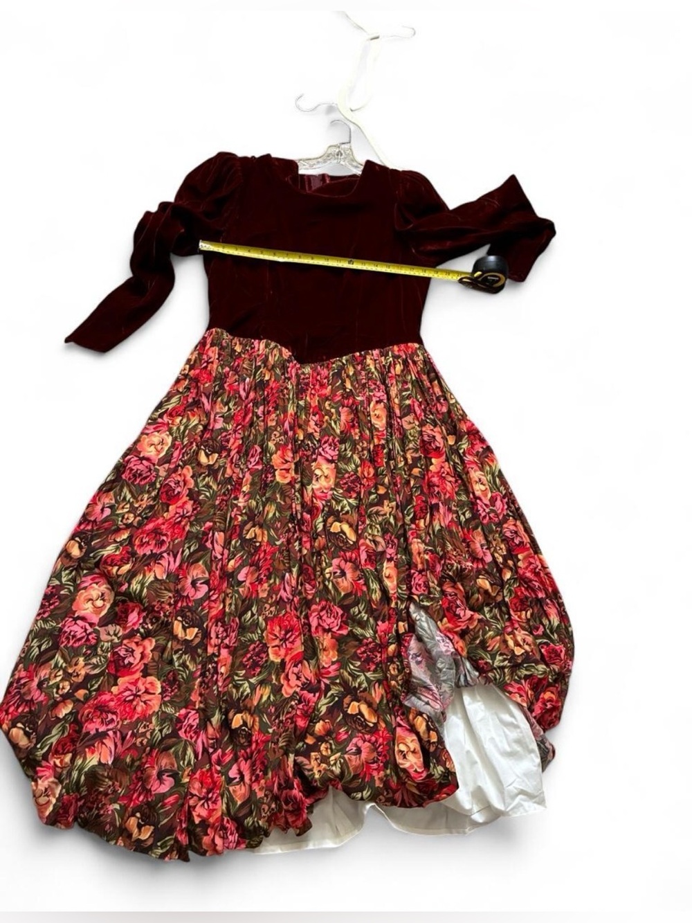 Vintage Velvet Bodice Floral Puff Skirt Dress in Burgundy and Pink